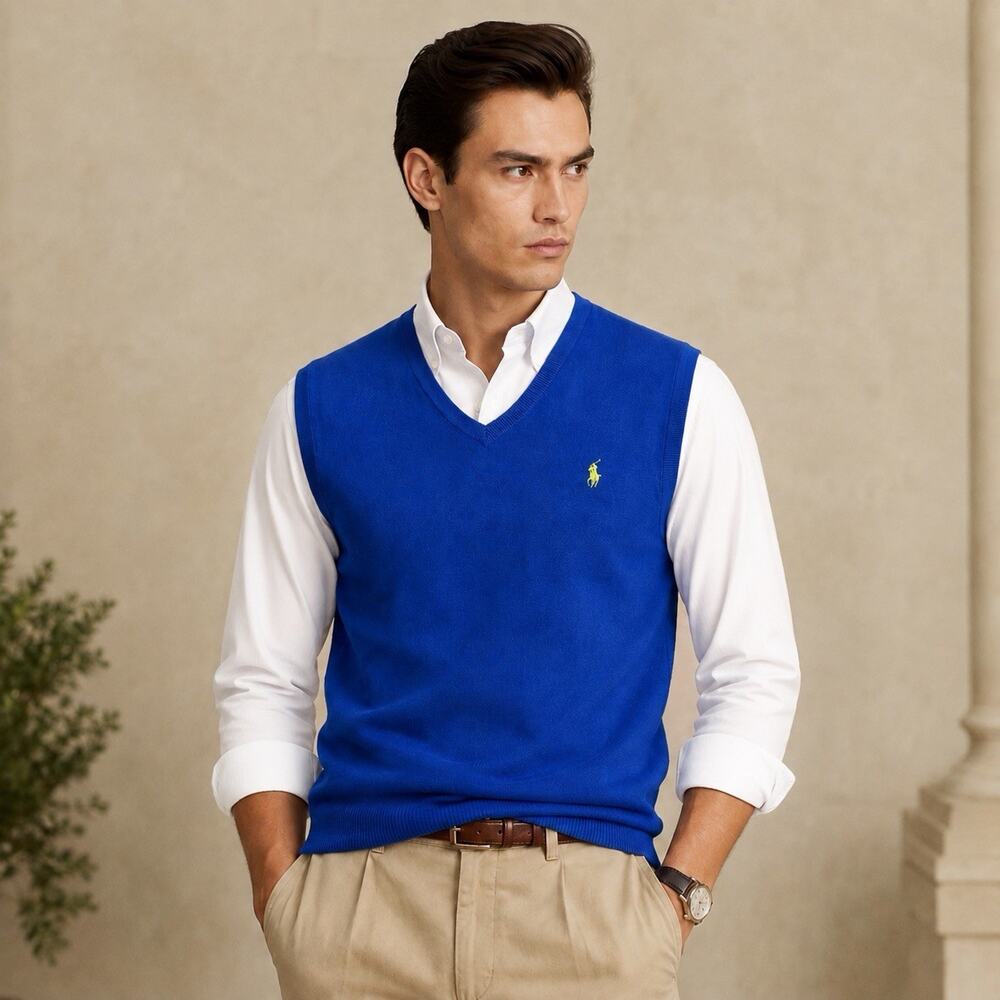 Polo Ralph Lauren Men’s L Royal Blue Pima Cotton Sweater Jumper Vest Preppy